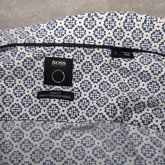 Hugo Boss White Blue Floral Button Down Long Sleeve Collar Shirt Large NWT - Picture 6 of 10